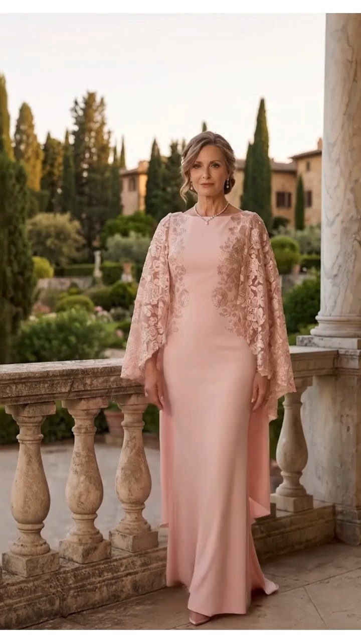Women's Mother of the Bride Dresses in 8 Classic Styles 7 Woman in a pale pink floor-length gown with a lace cape on a balcony.