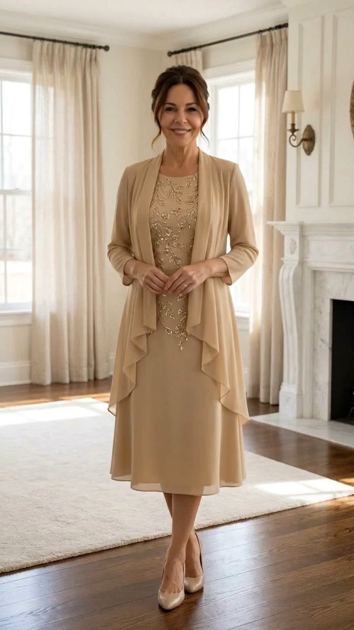 Women's Mother of the Bride Dresses in 8 Classic Styles 8 Woman wearing a champagne beaded mother of the bride dress with matching jacket