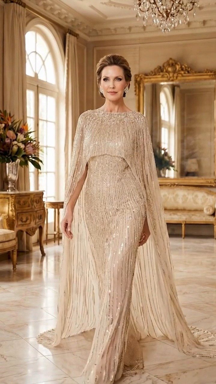 Women's Mother of the Bride Dresses in 8 Classic Styles 3 Woman in a shimmering champagne floor-length sequined gown with a capelet in a luxury room.