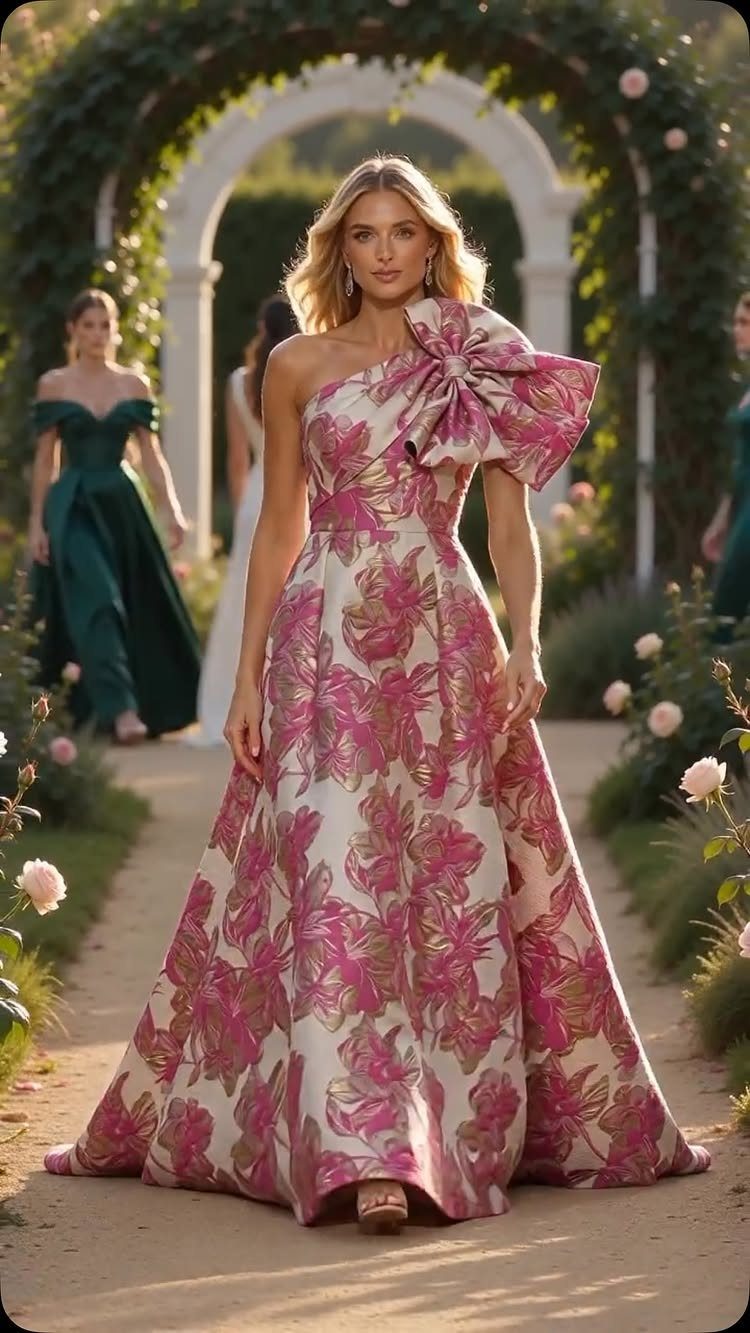 Women's Mother of the Bride Dresses in 8 Classic Styles 2 Woman in a pink floral print one-shoulder gown standing in a garden archway.