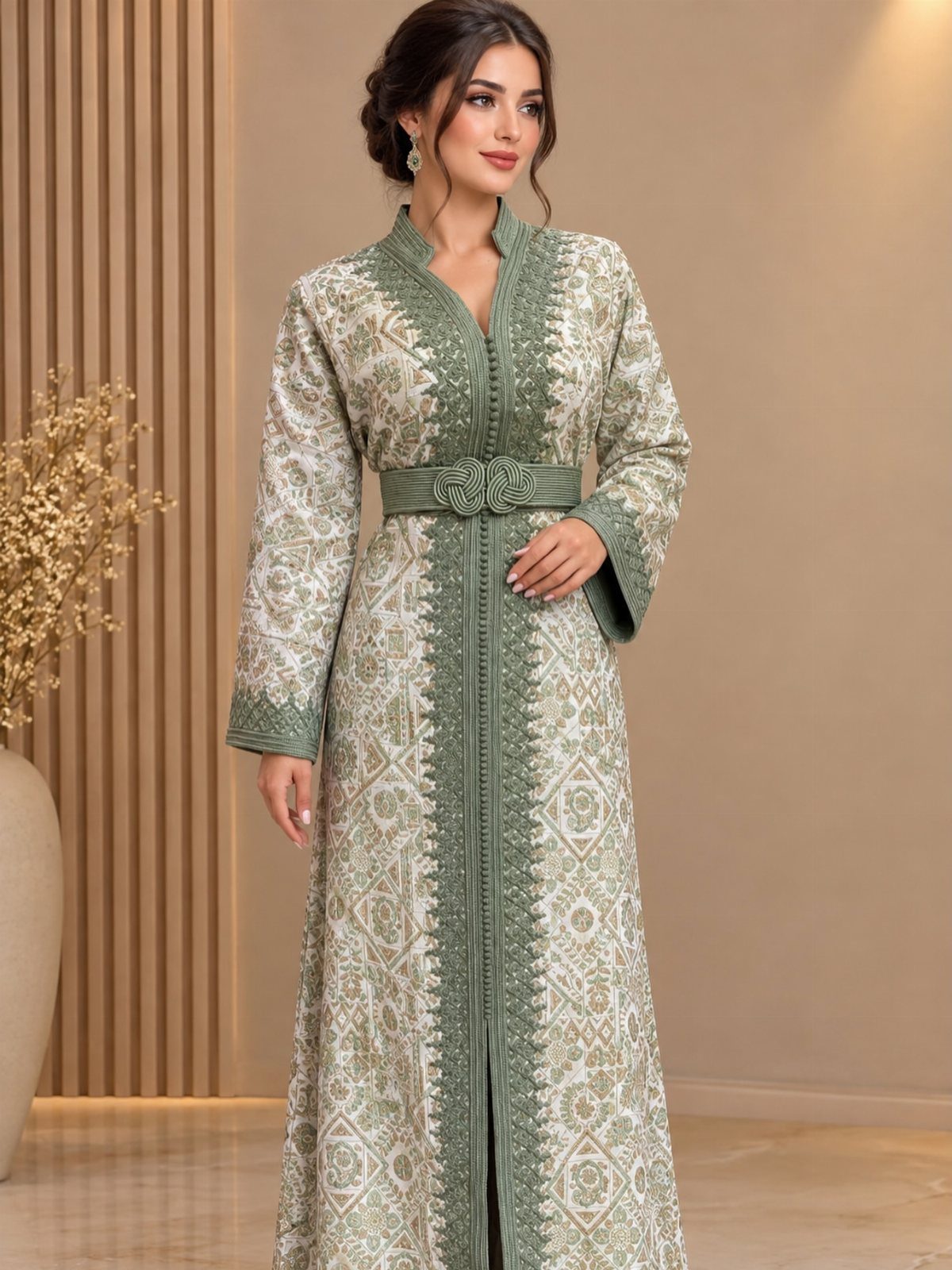 Women's Mother of the Bride Dresses in 8 Classic Styles 5 Woman in an embroidered sage green and cream long flowing caftan with belt.