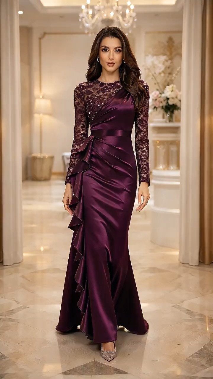 Women's Mother of the Bride Dresses in 8 Classic Styles 1 Woman in a long-sleeved purple satin gown with lace details in an elegant hallway.