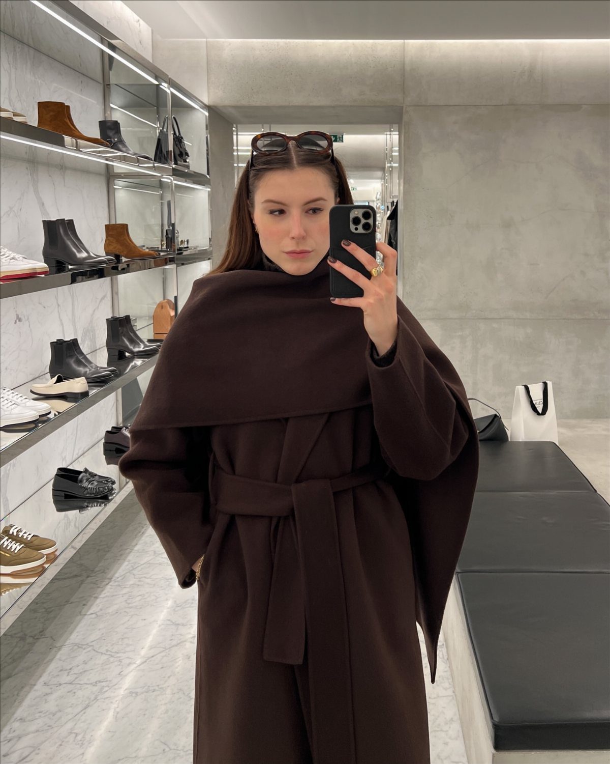 Women's Scarf Coat: 12 Ideas to Try This Season 7 Woman wearing a dark brown wool scarf coat with a belted waist.