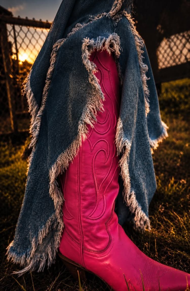 Women's Wild West Outfit Ideas: 9 Styles That Deliver 2 Bright pink cowgirl boot with decorative stitching and a blue frayed denim garment.