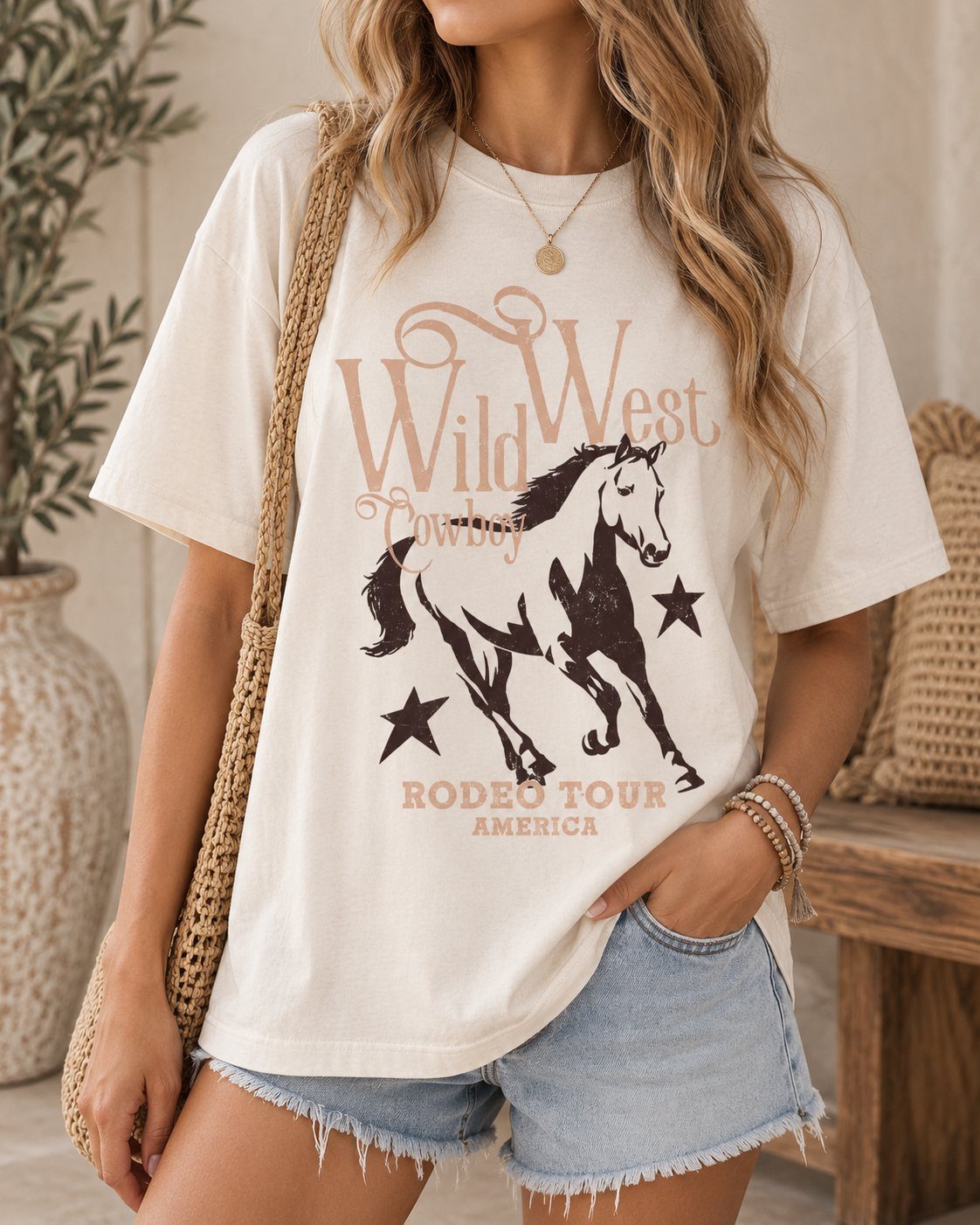Women's Wild West Outfit Ideas: 9 Styles That Deliver 7 Woman wearing a cream Wild West graphic t-shirt and denim shorts.